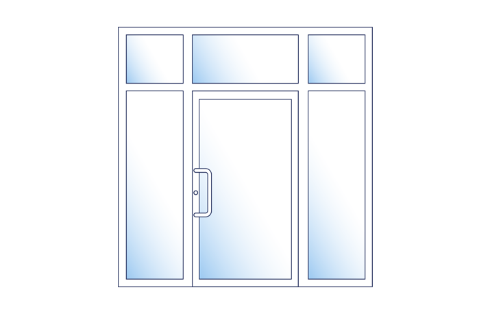 Single-leaf entrance door with two sidelights and toplight